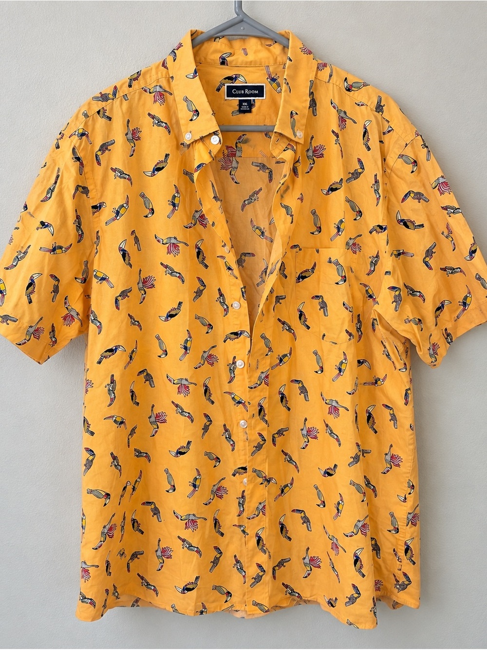 Club Room Men’s XXL Mustard Toucan Print Short Sleeve Button Down Shirt Tropical